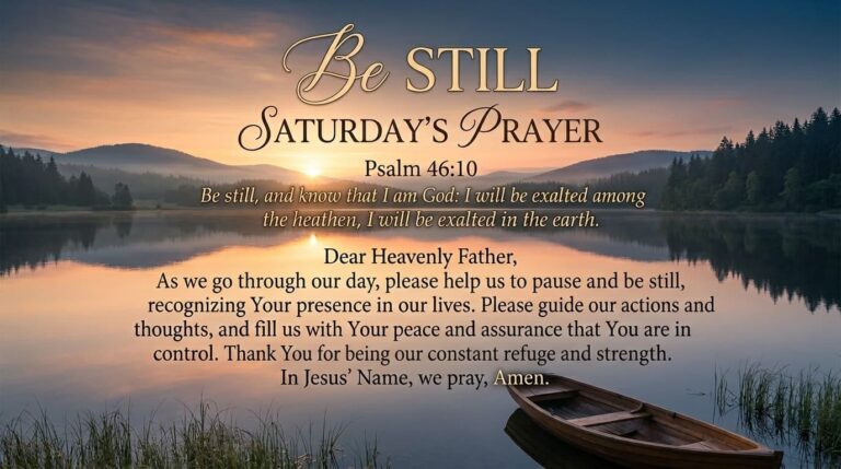 Be STILL SATURDAY'S PRAYER Psalm 46:10 Be still, and know that l am God: I will be exalted among the heathen, I will be exalted in the earth. Dear Heavenly Father, As we go through our day, please help us to pause and be still, recognizing Your presence in our lives. Please guide our actions and thoughts, and fill us with Your peace and assurance that You are in control. Thank You for being our constant refuge and strength. In Jesus' Name, we pray, Amen.