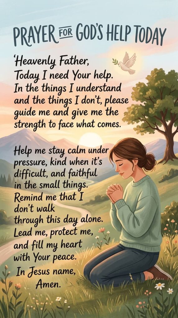 Heavenly Father,
Today I need Your help.
In the things I understand and the things I don't, please guide me and give me the strength to face what comes.
Help me stay calm under pressure, kind when it's difficult, and faithful in the small things. Remind me that! don't walk through this day alone.
Lead me, protect me, and fill my heart with Your peace.
In Jesus name, Amen.