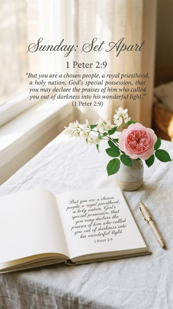 Sunday: Set Apart 




1 Peter 2:9 
But you are a chosen people, a royal priesthood, a holy nation, God’s special possession, that you may declare the praises of him who called you out of darkness into his wonderful light.
